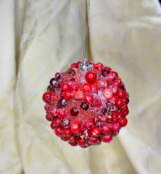 Red Beaded Ornament – Handmade Maximalist Holiday Decor – Glitter Resin Bauble – Unique Christmas Ornament
