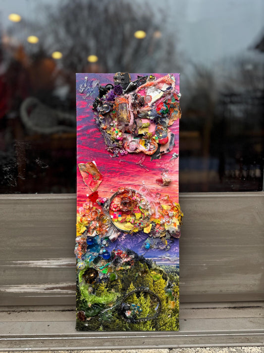Original Mixed Media Assemblage | Reclaimed Material Collage Art on Canvas | Textured Rainbow Landscape