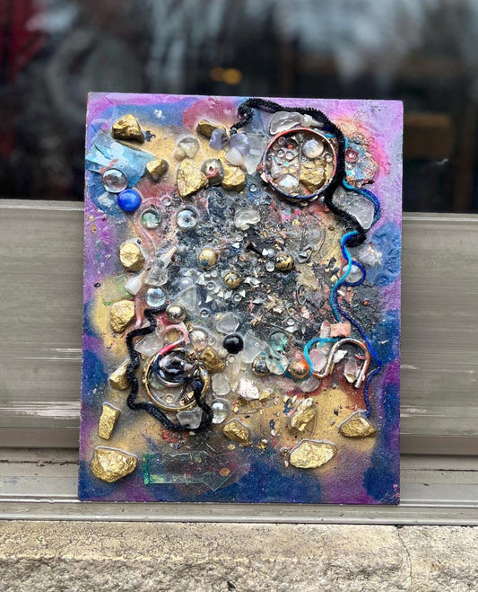 Purple Galaxy Mixed Media Collage – Textured Wood Panel Assemblage Art with Found Objects